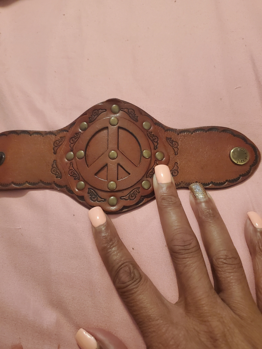 Three Bird Nest Brown Leather Peace Sign Stud Bracelet